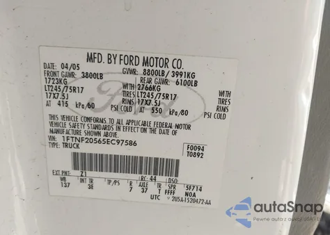 2005 Ford F-250 Xl/Xlt from USA, damaged, VIN 1FTNF20565EC97586